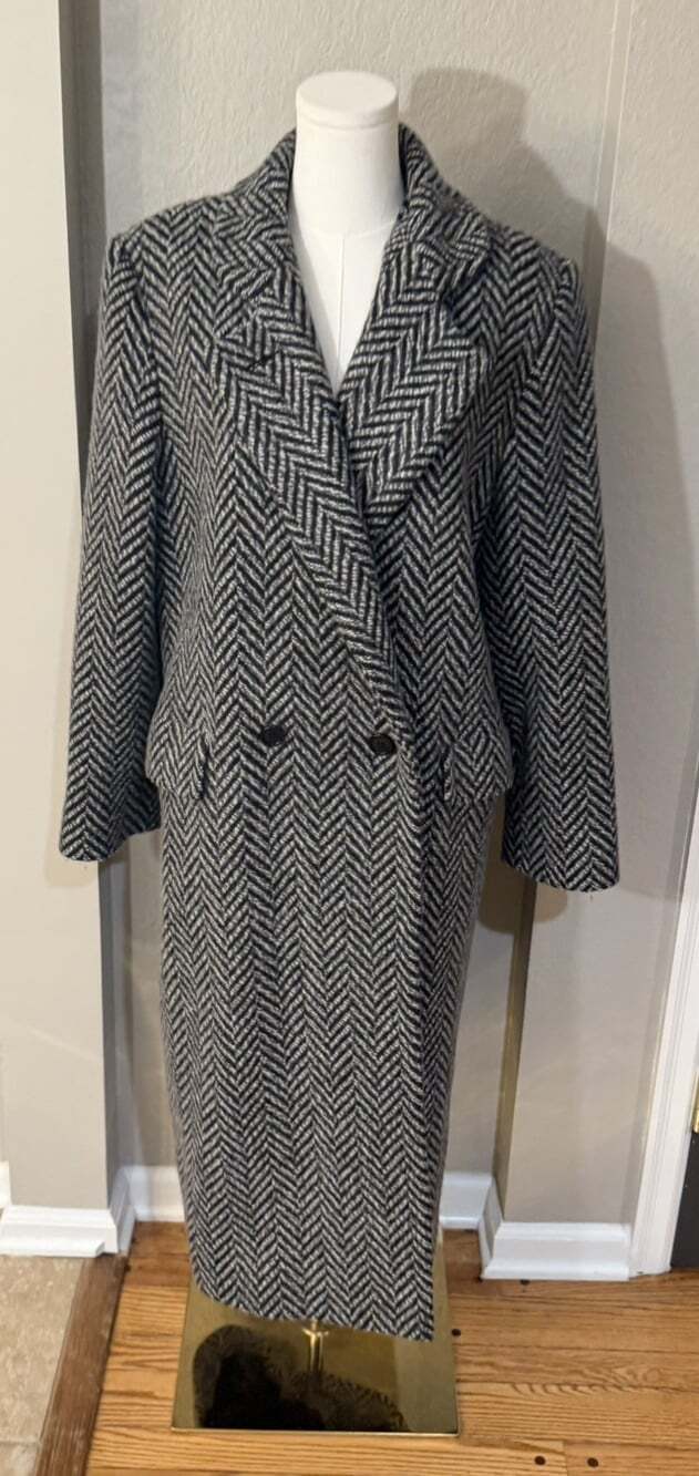 Vintage Herringbone 100% Wool Maxi Coat Womens 16 ILGWU Union Made USA